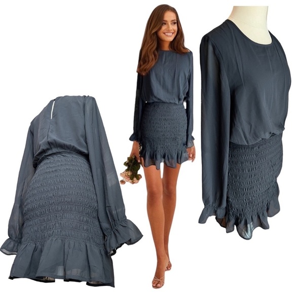 H&M Dresses & Skirts - H&M Black Smocked Bodycon Long Sleeve Flounce Chiffon Mini Dress Size Small NWT